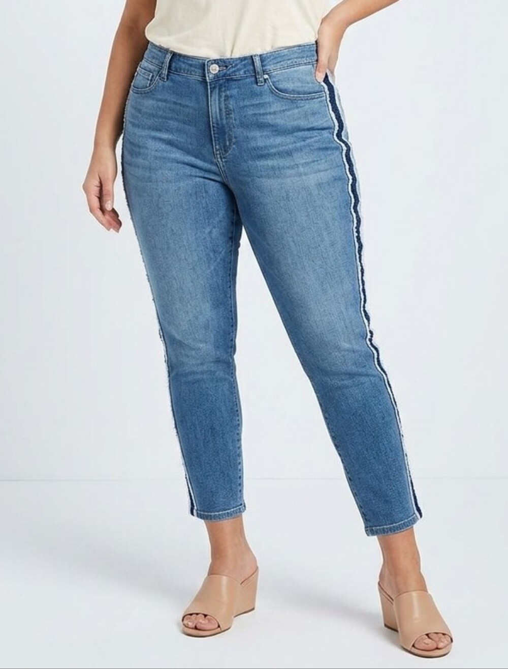 J. Jill Authentic Fit Slim Ankle Jeans are Women’s Blue Frayed Side-Stripe Jeans